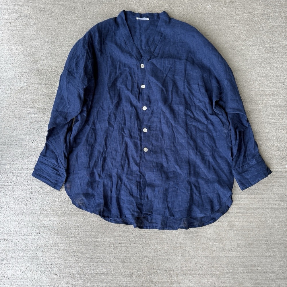 Monday Linen Button Front Top Navy Blue P/S V-Neck Blouse